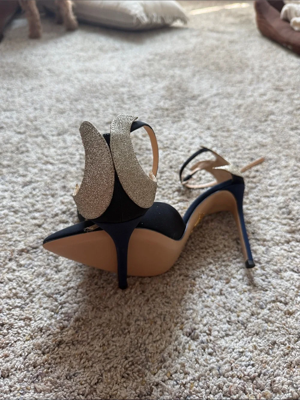 Charlotte Olympia Black Pointed-Toe Ankle-Strap Heels with Gold Star Accents
